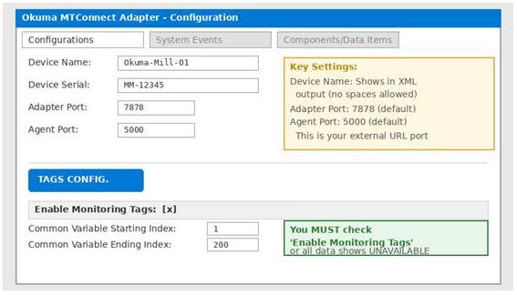 MTConnect Adapter configuration window